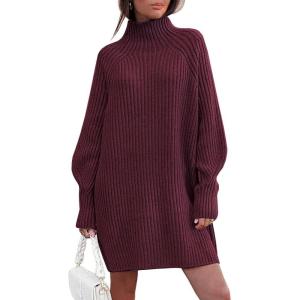 imageLILLUSORY Sweater Dresses for Women 2025 Fall Fashion Mock Neck Long Lantern Sleeve Oversized Outfits Knit Tops ClothesWine Red