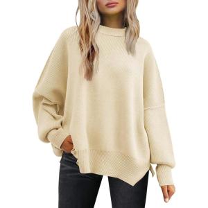 imageLILLUSORY Womens Oversized Batwing Sweaters 2025 Fall Outfits Trendy Crewneck Knit Side Slit Fashion Pullover TopsApricot