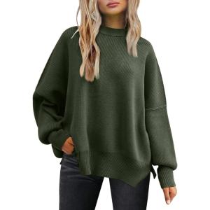imageLILLUSORY Womens Oversized Batwing Sweaters 2025 Fall Outfits Trendy Crewneck Knit Side Slit Fashion Pullover TopsArmy Green