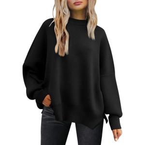 imageLILLUSORY Womens Oversized Batwing Sweaters 2025 Fall Outfits Trendy Crewneck Knit Side Slit Fashion Pullover TopsBlack