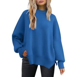 imageLILLUSORY Womens Oversized Batwing Sweaters 2025 Fall Outfits Trendy Crewneck Knit Side Slit Fashion Pullover TopsBlue