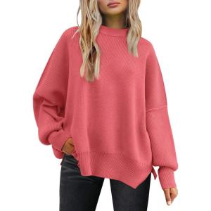 imageLILLUSORY Womens Oversized Batwing Sweaters 2025 Fall Outfits Trendy Crewneck Knit Side Slit Fashion Pullover TopsBright Pink