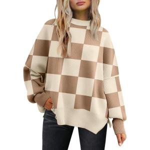 imageLILLUSORY Womens Oversized Batwing Sweaters 2025 Fall Outfits Trendy Crewneck Knit Side Slit Fashion Pullover TopsCheckered Apricot