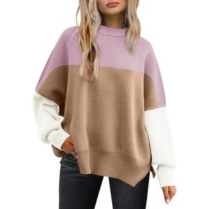 imageLILLUSORY Womens Oversized Batwing Sweaters 2025 Fall Outfits Trendy Crewneck Knit Side Slit Fashion Pullover TopsColorblockpink