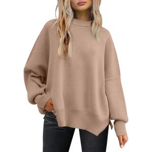 imageLILLUSORY Womens Oversized Batwing Sweaters 2025 Fall Outfits Trendy Crewneck Knit Side Slit Fashion Pullover TopsDark Apricot