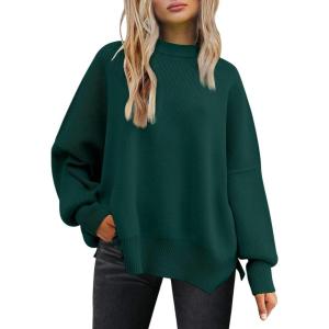 imageLILLUSORY Womens Oversized Batwing Sweaters 2025 Fall Outfits Trendy Crewneck Knit Side Slit Fashion Pullover TopsForest Green