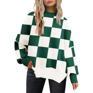 imageLILLUSORY Womens Oversized Batwing Sweaters 2025 Fall Outfits Trendy Crewneck Knit Side Slit Fashion Pullover TopsGreen White