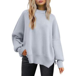 imageLILLUSORY Womens Oversized Batwing Sweaters 2025 Fall Outfits Trendy Crewneck Knit Side Slit Fashion Pullover TopsGrey