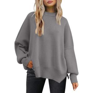 imageLILLUSORY Womens Oversized Batwing Sweaters 2025 Fall Outfits Trendy Crewneck Knit Side Slit Fashion Pullover TopsHazy Gray