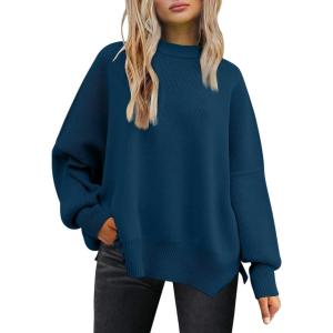 imageLILLUSORY Womens Oversized Batwing Sweaters 2025 Fall Outfits Trendy Crewneck Knit Side Slit Fashion Pullover TopsIndigo