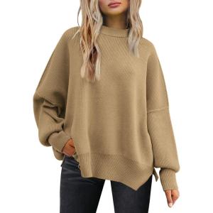 imageLILLUSORY Womens Oversized Batwing Sweaters 2025 Fall Outfits Trendy Crewneck Knit Side Slit Fashion Pullover TopsKhaki