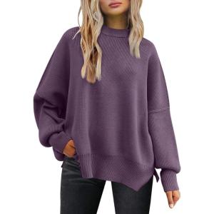 imageLILLUSORY Womens Oversized Batwing Sweaters 2025 Fall Outfits Trendy Crewneck Knit Side Slit Fashion Pullover TopsLavender