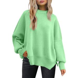 imageLILLUSORY Womens Oversized Batwing Sweaters 2025 Fall Outfits Trendy Crewneck Knit Side Slit Fashion Pullover TopsLight Green