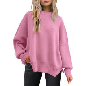 imageLILLUSORY Womens Oversized Batwing Sweaters 2025 Fall Outfits Trendy Crewneck Knit Side Slit Fashion Pullover TopsLight Pink