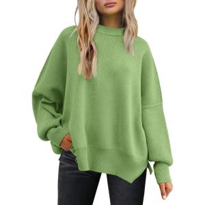imageLILLUSORY Womens Oversized Batwing Sweaters 2025 Fall Outfits Trendy Crewneck Knit Side Slit Fashion Pullover TopsMint Green