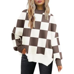 imageLILLUSORY Womens Oversized Batwing Sweaters 2025 Fall Outfits Trendy Crewneck Knit Side Slit Fashion Pullover TopsNutmeg White