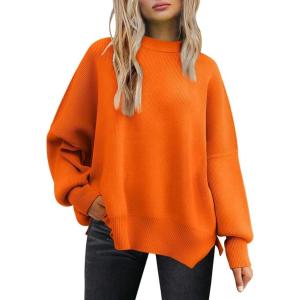 imageLILLUSORY Womens Oversized Batwing Sweaters 2025 Fall Outfits Trendy Crewneck Knit Side Slit Fashion Pullover TopsOrange