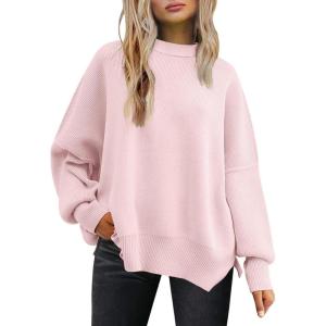 imageLILLUSORY Womens Oversized Batwing Sweaters 2025 Fall Outfits Trendy Crewneck Knit Side Slit Fashion Pullover TopsPale Pink