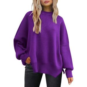 imageLILLUSORY Womens Oversized Batwing Sweaters 2025 Fall Outfits Trendy Crewneck Knit Side Slit Fashion Pullover TopsPurple