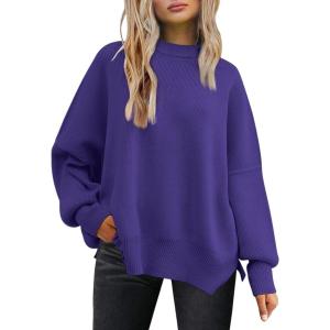 imageLILLUSORY Womens Oversized Batwing Sweaters 2025 Fall Outfits Trendy Crewneck Knit Side Slit Fashion Pullover TopsRoyal Purple