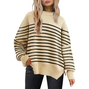 imageLILLUSORY Womens Oversized Batwing Sweaters 2025 Fall Outfits Trendy Crewneck Knit Side Slit Fashion Pullover TopsStripe Apricot