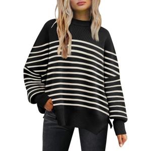 imageLILLUSORY Womens Oversized Batwing Sweaters 2025 Fall Outfits Trendy Crewneck Knit Side Slit Fashion Pullover TopsStripe Black