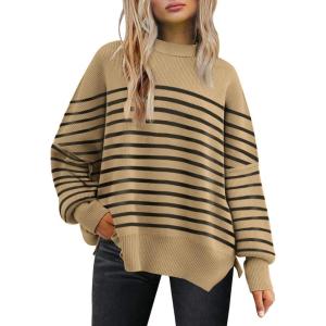 imageLILLUSORY Womens Oversized Batwing Sweaters 2025 Fall Outfits Trendy Crewneck Knit Side Slit Fashion Pullover TopsStripe Khaki
