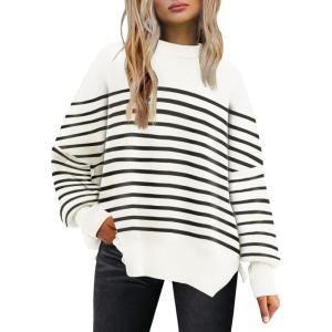 imageLILLUSORY Womens Oversized Batwing Sweaters 2025 Fall Outfits Trendy Crewneck Knit Side Slit Fashion Pullover TopsStripe White