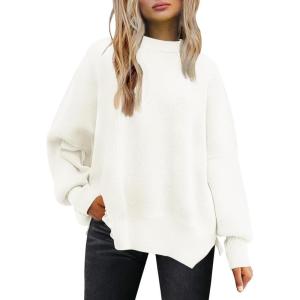 imageLILLUSORY Womens Oversized Batwing Sweaters 2025 Fall Outfits Trendy Crewneck Knit Side Slit Fashion Pullover TopsWhite