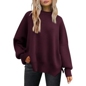imageLILLUSORY Womens Oversized Batwing Sweaters 2025 Fall Outfits Trendy Crewneck Knit Side Slit Fashion Pullover TopsWine Red