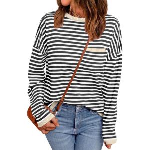 imageLILLUSORY Womens Striped Soft Knit Pullover Sweater Loose Fit Shirts with Chest PocketApricotstriped Grey