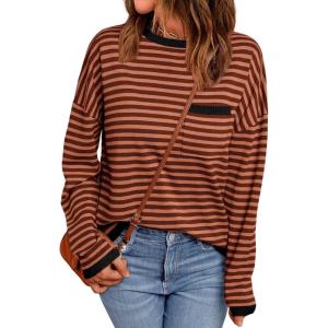 imageLILLUSORY Womens Striped Soft Knit Pullover Sweater Loose Fit Shirts with Chest PocketBlackstriped Rust