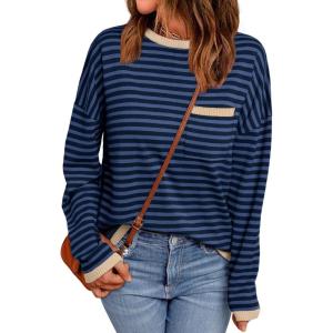 imageLILLUSORY Womens Striped Soft Knit Pullover Sweater Loose Fit Shirts with Chest PocketBlue Navy