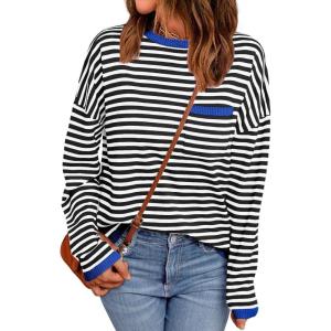 imageLILLUSORY Womens Striped Soft Knit Pullover Sweater Loose Fit Shirts with Chest PocketBluestriped Black