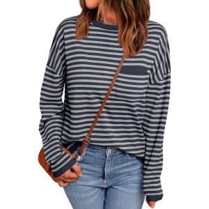 imageLILLUSORY Womens Striped Soft Knit Pullover Sweater Loose Fit Shirts with Chest PocketGrey Marble