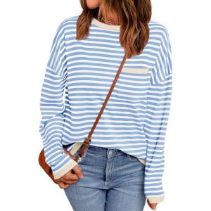 imageLILLUSORY Womens Striped Soft Knit Pullover Sweater Loose Fit Shirts with Chest PocketLight Blue