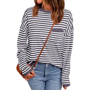 imageLILLUSORY Womens Striped Soft Knit Pullover Sweater Loose Fit Shirts with Chest PocketMauve