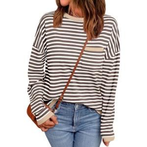 imageLILLUSORY Womens Striped Soft Knit Pullover Sweater Loose Fit Shirts with Chest PocketNutmeg