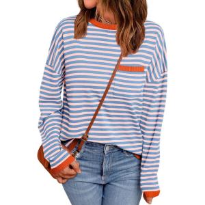 imageLILLUSORY Womens Striped Soft Knit Pullover Sweater Loose Fit Shirts with Chest PocketPink Blue