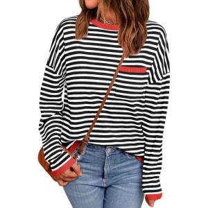 imageLILLUSORY Womens Striped Soft Knit Pullover Sweater Loose Fit Shirts with Chest PocketRedstriped Black