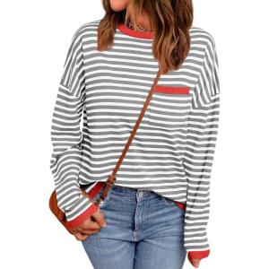 imageLILLUSORY Womens Striped Soft Knit Pullover Sweater Loose Fit Shirts with Chest PocketRedstriped Grey