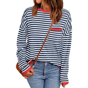 imageLILLUSORY Womens Striped Soft Knit Pullover Sweater Loose Fit Shirts with Chest PocketRedstriped Navy
