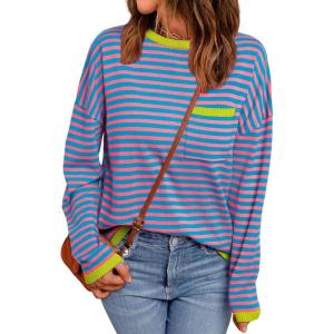 imageLILLUSORY Womens Striped Soft Knit Pullover Sweater Loose Fit Shirts with Chest PocketStriped Rainbow