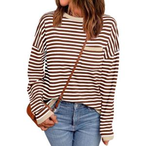 imageLILLUSORY Womens Striped Soft Knit Pullover Sweater Loose Fit Shirts with Chest PocketWhite Caramel