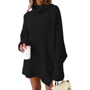 imageLILLUSORY Womens Turtleneck Oversized Long Sweater Dress 2025 Plus Size Tunic Pullover Knit Winter DressesBlack