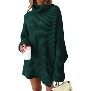 imageLILLUSORY Womens Turtleneck Oversized Long Sweater Dress 2025 Plus Size Tunic Pullover Knit Winter DressesBlackish Green