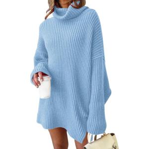 imageLILLUSORY Womens Turtleneck Oversized Long Sweater Dress 2025 Plus Size Tunic Pullover Knit Winter DressesBlue