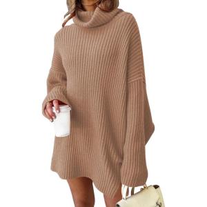 imageLILLUSORY Womens Turtleneck Oversized Long Sweater Dress 2025 Plus Size Tunic Pullover Knit Winter DressesDarkapricot