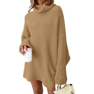 imageLILLUSORY Womens Turtleneck Oversized Long Sweater Dress 2025 Plus Size Tunic Pullover Knit Winter DressesKhaki