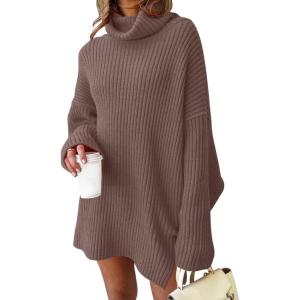 imageLILLUSORY Womens Turtleneck Oversized Long Sweater Dress 2025 Plus Size Tunic Pullover Knit Winter DressesNutmeg